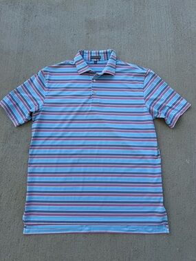 Peter Millar Summer Comfort Men’s Polo Shirt Size Large L Striped Blue Salmon